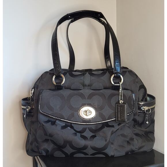 Coach Black Signature Sateen Diaper Bag With Pad Tote Bag Large A0969-13629 EUC - Picture 1 of 16
